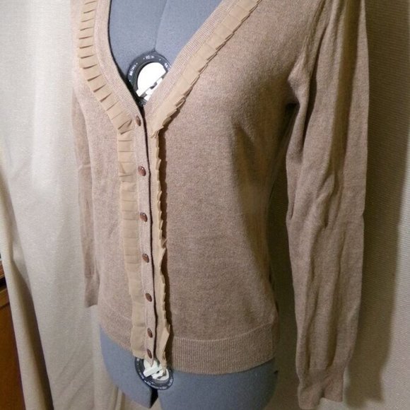 MERONA Cardigan sweater S Warm Brown Pleated V-neck ruffles Tight-knit Long slv - Picture 6 of 9
